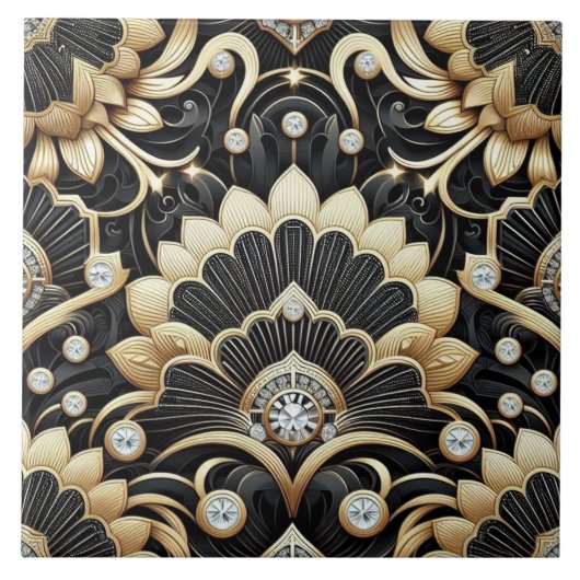 Luxuriöses Schwarz & Gold Art Deco Keramikfliese (Vorderseite)