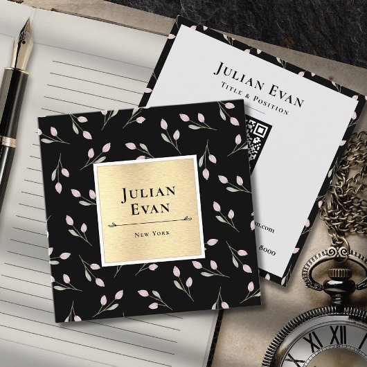 Luxuriöses Schwarz-Gold-Blume-Muster Quadratische Visitenkarte