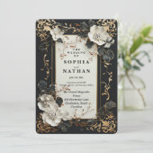 Luxuriöses Schwarz und Gold mit elegantem Blumende Einladung (Stehend Vorderseite)