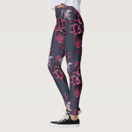 Luxuriöses stilvolles Navy Blue Burgundy Blumenmus Leggings