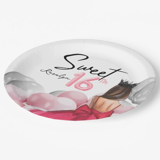 Luxuriöses Sweet 16 Rose Rosa Weißer Balloons Pappteller (Schrägansicht)