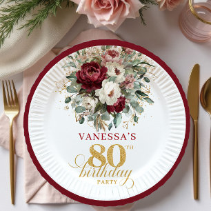 Luxuriöses Tiefrotes Florales Gold 80. Geburtstag Pappteller