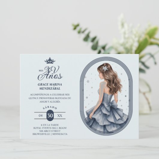 Luxurious Blue Oval Frame Charming Quinceañera  Einladung (Stehend Vorderseite)