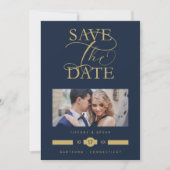 Luxurious Fancy Blue Marine Photo Gold Script Save The Date (Vorderseite)
