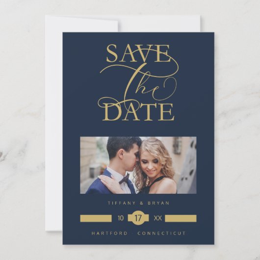 Luxurious Fancy Blue Marine Photo Gold Script Save The Date (Vorderseite)