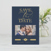 Luxurious Fancy Blue Marine Photo Gold Script Save The Date (Stehend Vorderseite)