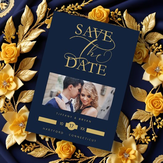 Luxurious Fancy Blue Marine Photo Gold Script Save The Date
