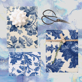 Luxurious French Toile Dreamy Blue Engraved Floral Geschenkpapier Set