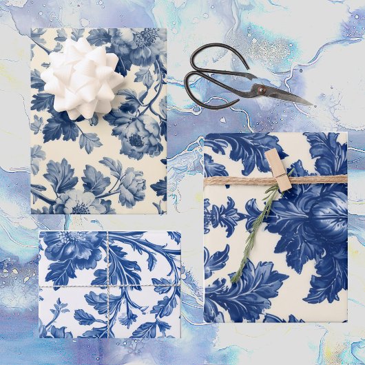 Luxurious French Toile Dreamy Blue Engraved Floral Geschenkpapier Set