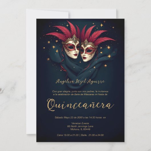 Luxurious Glam Venetian Mask Quinceañera Party Einladung (Vorderseite)