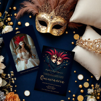 Luxurious Glam Venetian Mask Quinceañera Party Einladung