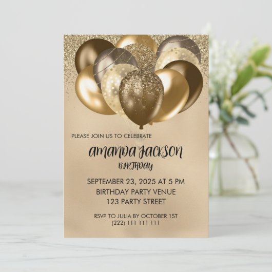 Luxurious Gold Balloons General Birthday Invite Einladung (Stehend Vorderseite)
