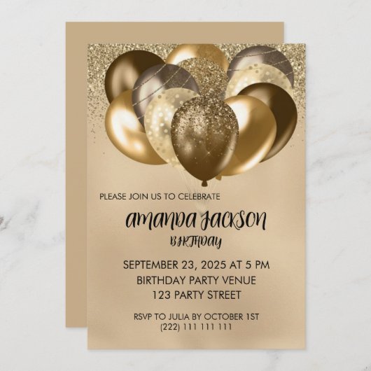 Luxurious Gold Balloons General Birthday Invite Einladung (Vorne/Hinten)
