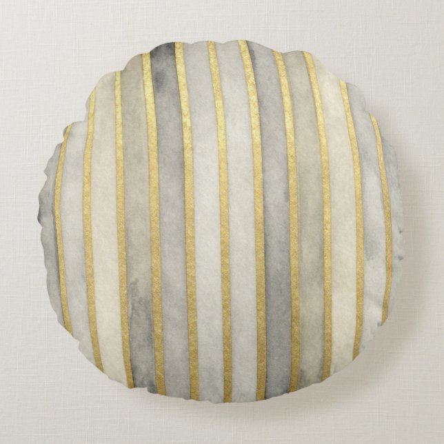 Luxurious, Gold Beigi Grey Stripes,Elegant, Modern Rundes Kissen (Vorderseite)