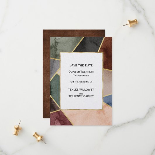 Luxurious Gold Geometric Blue Green Brown Wedding Save The Date (Vorderseite/Rückseite Beispiel)