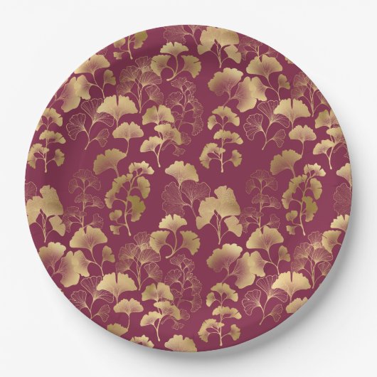 Luxurious Gold Ginkgo Leaves on Deep Burgundy (3) Pappteller (Vorderseite)