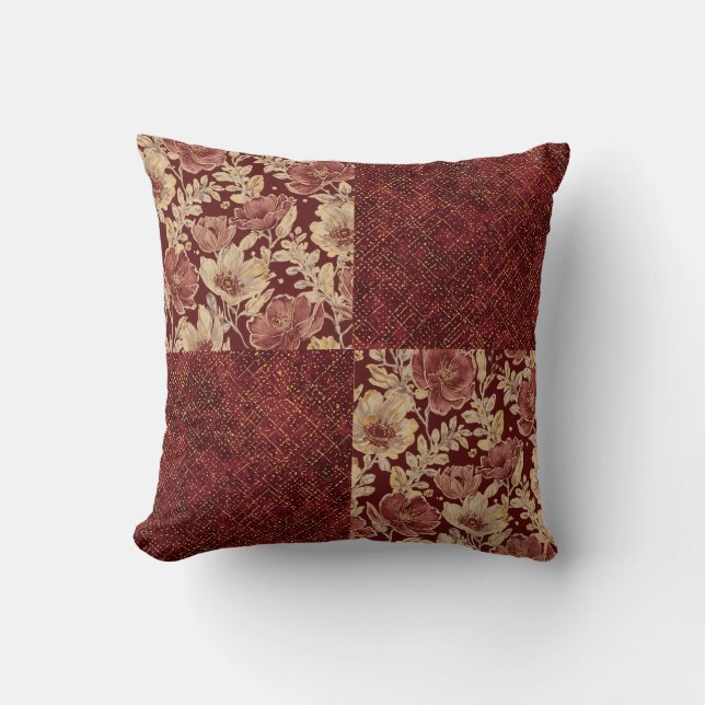 Luxurious Gold Maroon Flowers and Pixels Kissen (Vorderseite)