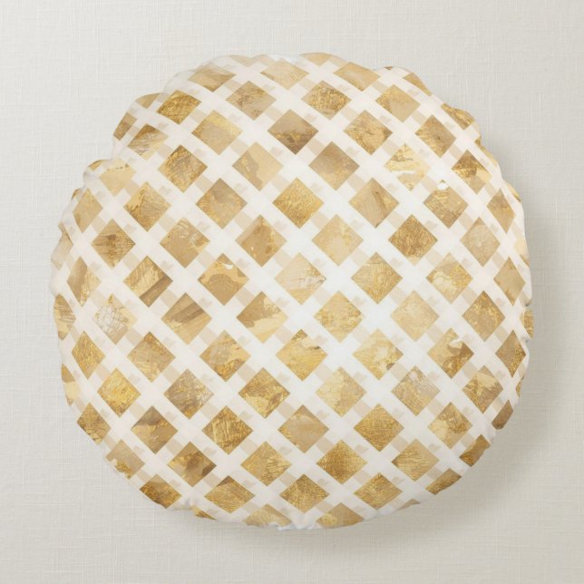 Luxurious, Gold White Lattice Pattern, Crisscross Rundes Kissen (Vorderseite)