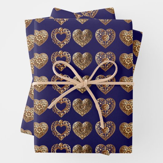 Luxurious Golden Baroque Hearts Pattern on Navy Bl Geschenkpapier Set (Beispiel)