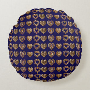Luxurious Golden Baroque Hearts Pattern on Navy Bl Rundes Kissen