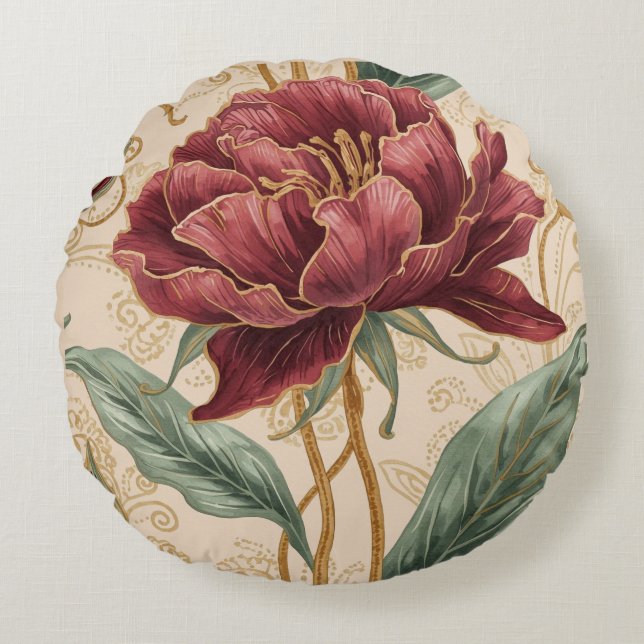 Luxurious, Maroon Gold Flowers Design Art  Rundes Kissen (Vorderseite)