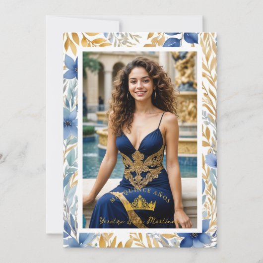 Luxurious Navy Blue & Gold Exquisite Tiara XV's Einladung (Vorderseite)