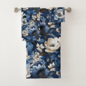 Luxurious Navy Blue Ivory Gold Flowers Towel Badhandtuch Set (Insitu)