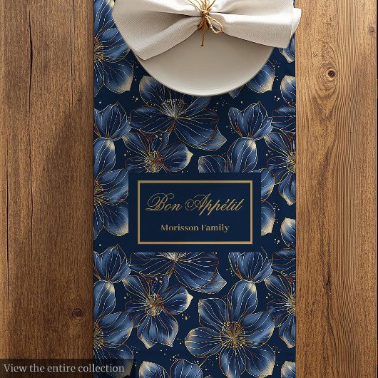 Luxurious Navy Gold Floral Wedding Table Decor Mittelgroßer Tischläufer