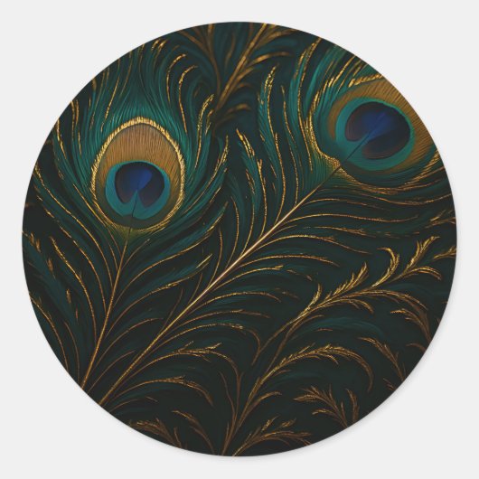 Luxurious Peacock Feathers Golden Teal Pattern Runder Aufkleber (Vorderseite)