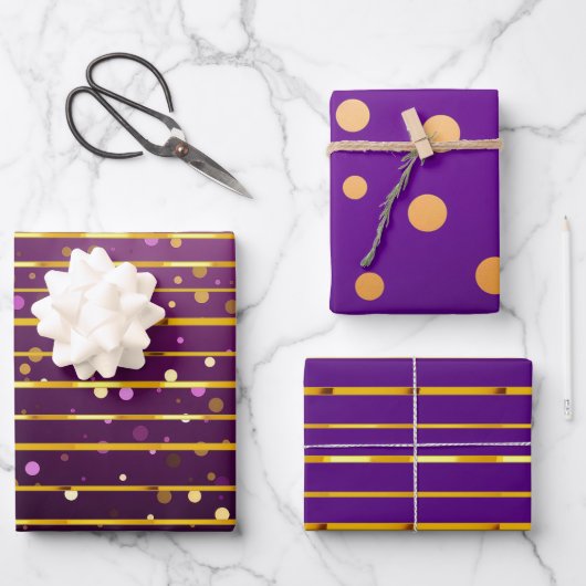 Luxurious Purple & Gold Stripe and Dot Christmas  Geschenkpapier Set (Vorderseite)