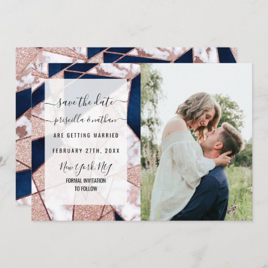 Luxurious Rose Gold Glitter Geometric Marble Save The Date (Vorne/Hinten)