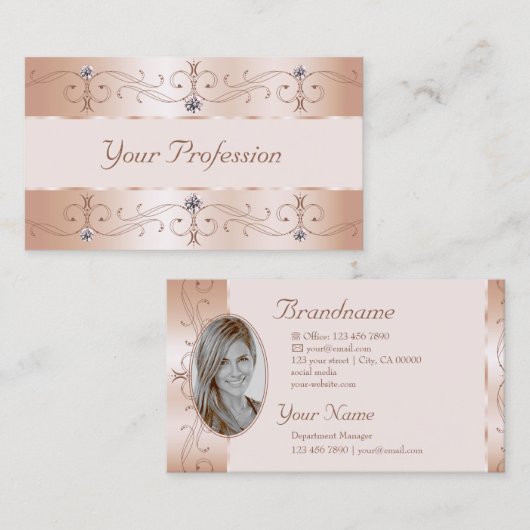 Luxurious Rose Gold Ornate Borders Jewels Add Foto Visitenkarte (Vorne/Hinten)