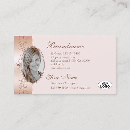 Luxurious Rose Gold Ornate Borders Logo and Photo Visitenkarte (Rückseite)