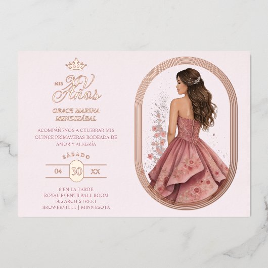 Luxurious Rose Gold Oval Frame Charming MIs XV Folieneinladung (Vorderseite)