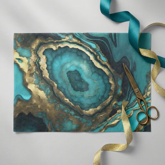 Luxurious Teal Blue Agate Geode Gold Marble Seidenpapier