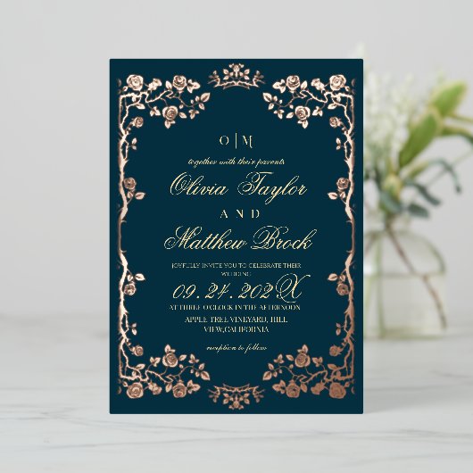 Luxurious Teal Gold Foil Floral Wedding Folieneinladung (Stehend vorne)