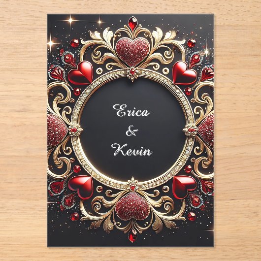 Luxurious Wedding Gold Frame With Red Hearts Acryleinladungen (Vorderseite)