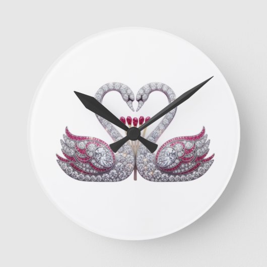 Luxury 3D Diamond Swans Heart - Elegant Wall Clock Runde Wanduhr (Vorderseite)