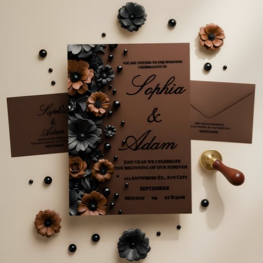 Luxury 3D Floral Bronze & Black Wedding Invitation Einladung