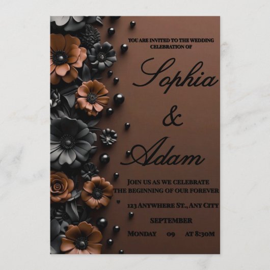 Luxury 3D Floral Bronze & Black Wedding Invitation Einladung (Vorderseite)