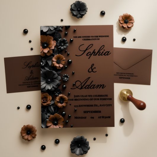 Luxury 3D Floral Bronze & Black Wedding Invitation Save The Date