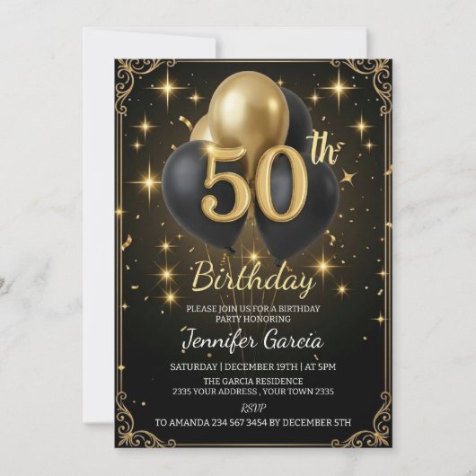 Luxury 50th Birthday Black Gold Balloon Glitter Einladung (Vorderseite)