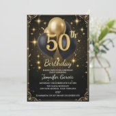 Luxury 50th Birthday Black Gold Balloon Glitter Einladung (Stehend Vorderseite)