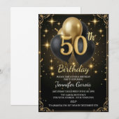 Luxury 50th Birthday Black Gold Balloon Glitter Einladung (Vorne/Hinten)