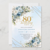 Luxury 80th Birthday Invite Boho Dusty Blue Gold Einladung (Vorderseite)