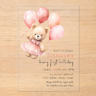Luxury Acrylic Teddy Bear Girl 1st Birthday Acryleinladungen