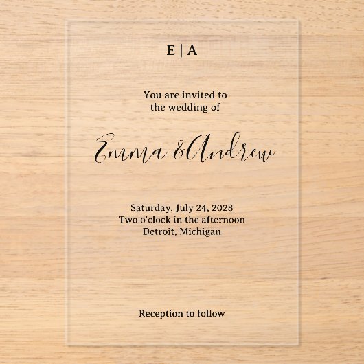 Luxury Acrylic Wedding Invitation | Clear, Custom Acryleinladungen (Vorderseite)
