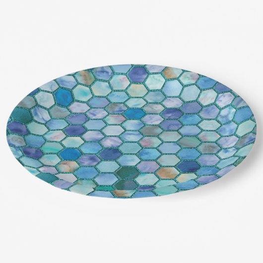 Luxury Aqua Blue Wabenmuster Pappteller (Schrägansicht)