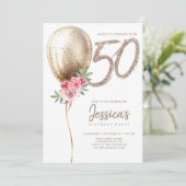 Luxury Balloon Beige Glitzer 50. Geburtstag Einladung (Stehend Vorderseite)