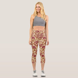 Luxury Baroque Floral Gold and Burgundy Capri Leggings